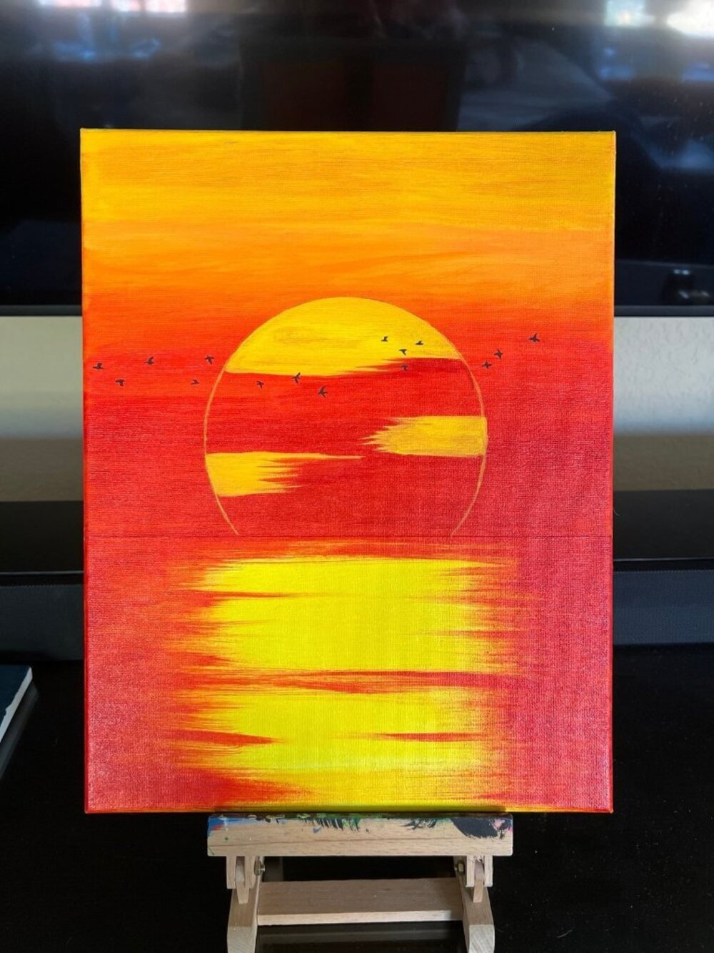 Flying Geese over Sunset Acrylic hand Painting Orange